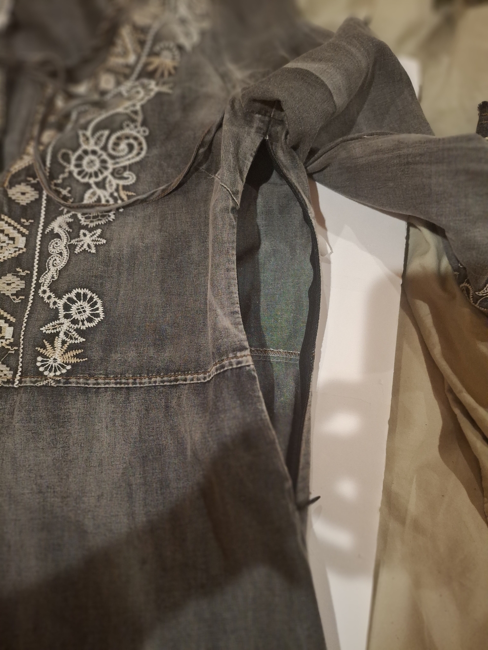 Embroidered Boho Slate Gray Peasant Dress - Picture 7 of 16